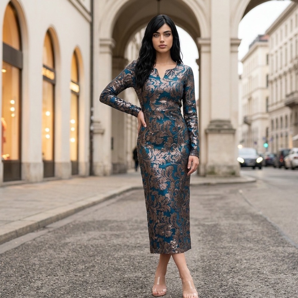 NWT JS Collections Metallic Brocade Sequin Dress Size 8 Teal Blue Gold Cocktail - Picture 2 of 9